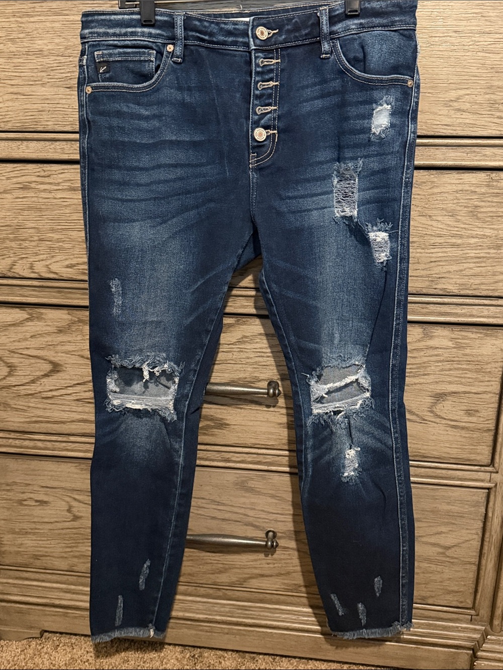 KanCan Indigo Distressed Skinny Jeans with Button-Fly